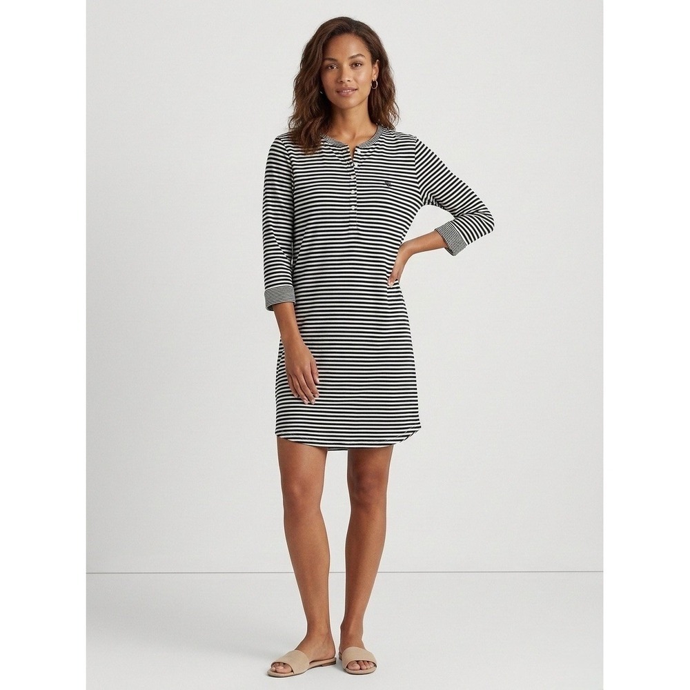 Lauren Ralph Lauren Womens Striped Henley Shirt Dress Black White Size L